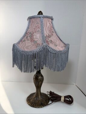 Vintage Victorian Fringe Table Lamp Pink Floral Shade Brass Base USA